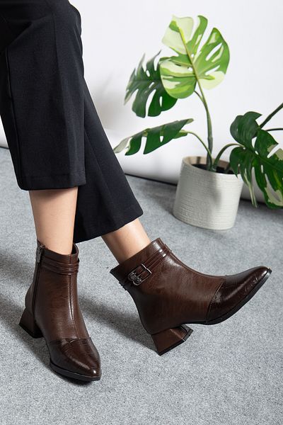 MODA MHS Women's Pointed Toe Thick Heel Buckle Detail Zippered Boots