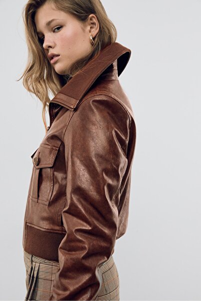 Stradivarius Short leather effect jacket with pockets