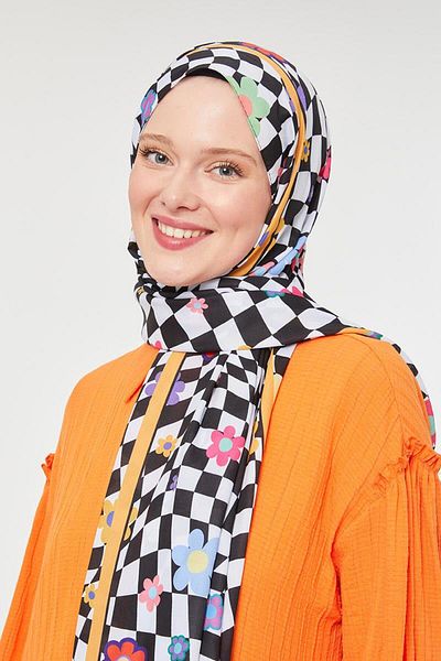 Levidor Orange Flower Pattern Mono Crepe Shawl
