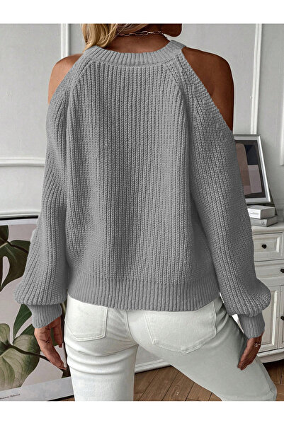 citystyle Pulover de tricotat de iarnă pentru femei, cu țesătură de păr casual, cu decolteu deschis, gri deschis