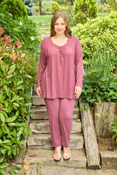 Miss Meryem Pudra Yün Viskon Dantel Detaylı Uzun Kol Büyük Beden Tunik Pijama...