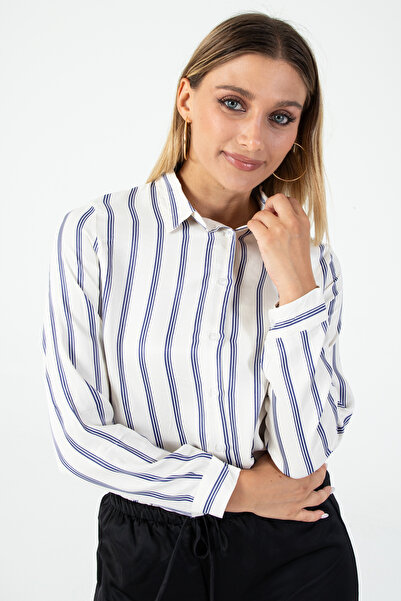 Nuevo Women's White Navy Blue Striped Moroccan Fabric Long Sleeve Shirt – Sty...