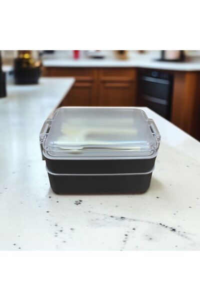 SANALTİCARETİM Rectangular Two-Layer Gray Color 900 ml Lunch Box Lunch Box Lunch Box Set Storage Container