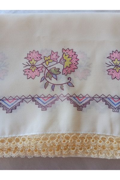 Pervin Ablacım Cream Chiffon Prayer Veil Edge Handmade Shuttle Embroidery
