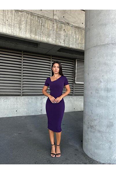 Modafeminen Sandy Triangle Neckline Detailed Midi Evening Dress 583290 Purple