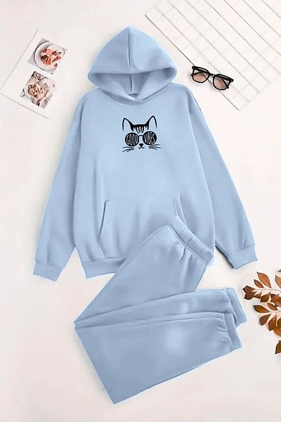 CLAYES Unisex Hooded BabyBlue Σετ αθλητικής φόρμας GOOD VIBES CAT Printed - Χειμερινό ύφασμα με ανοιχτόχρωμο ύφασμα