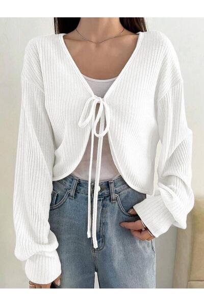 BALİNA Beyaz Balon Kollu Bağcıklı İp Bağlama Y2K Hırka -BLN