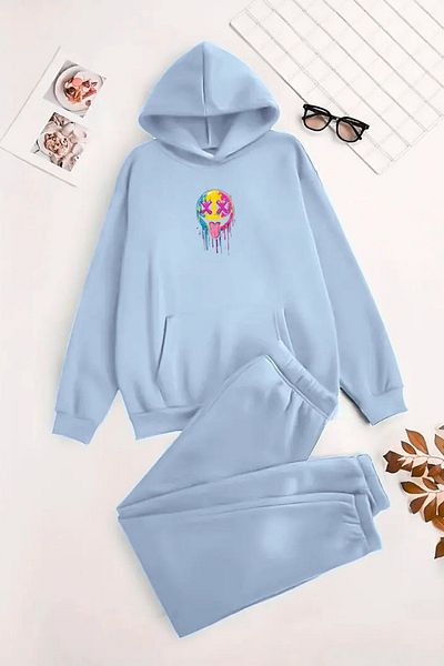 CLAYES Unisex Hooded BabyBlue Σετ αθλητικής φόρμας EMOJI Printed - Χειμερινό ύφασμα με ανοιχτόχρωμο