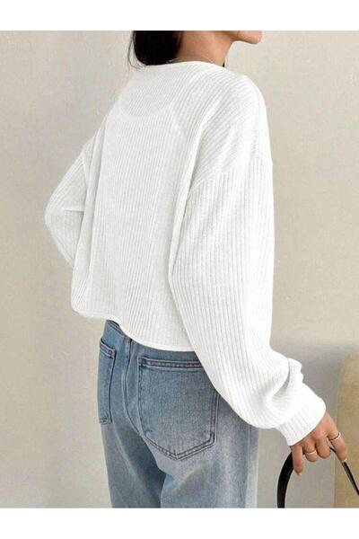 BALİNA Beyaz Balon Kollu Bağcıklı İp Bağlama Y2K Hırka -BLN