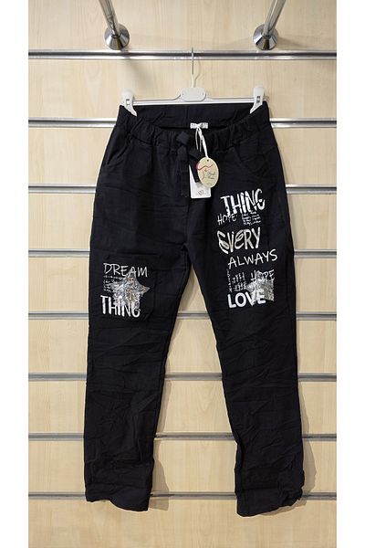 Park Moda Italian Trousers Motto Text Sequin Detail