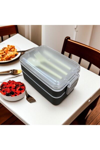 SANALTİCARETİM Rectangular Two-Layer Gray Color 900 ml Lunch Box Lunch Box Lunch Box Set Storage Container