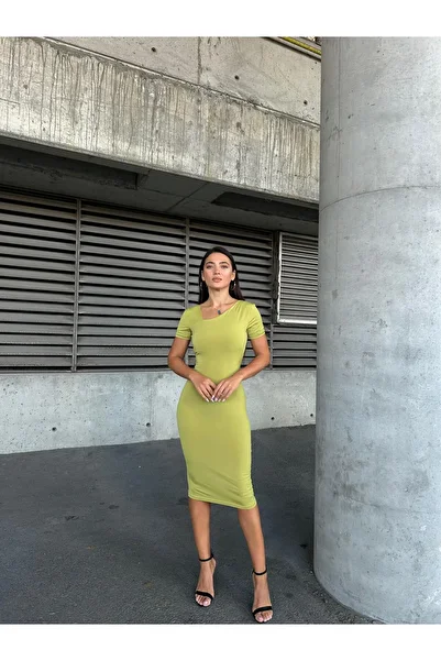 Modafeminen Sandy Triangle Neck Detail Midi Evening Dress 583290 Pistachio Green