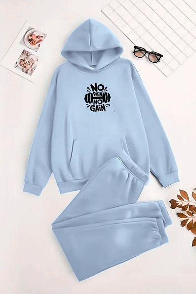 CLAYES Unisex Hooded BabyBlue Σετ αθλητικής φόρμας NO PAİN NO GAİN Printed - Χειμερινό ύφασμα με ανοιχτόχρωμο