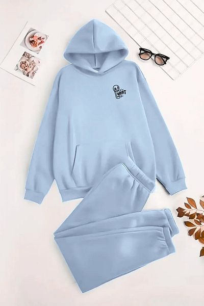 CLAYES Unisex Hooded BabyBlue Σετ αθλητικών φόρμας WHAT Printed - Χειμερινό ύφασμα με ανοιχτόχρωμο ύφασμα