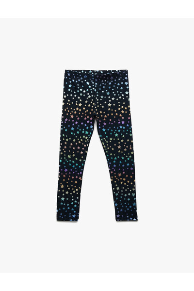 Koton Star Printed Elastic Waist Cotton Long Navy Blue Girls' Leggings 6Wkg40107Ak