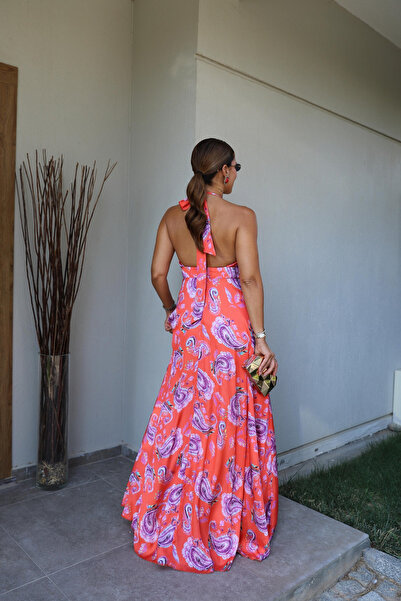 Purple by Banu TURUNCU Desenli Boyundan Bağlama Detay Saten Elbise