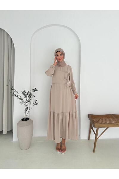 RAZENCİ Yelekli ikili takım Elbise tesetür bej BAĞLAMALI YELEKLİ BÜZGÜLÜ TESE...