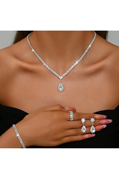 stainless steell VİP gümüş renk 5 parça yapay elmas süslemeli kolye küpe bileklik yüzük set