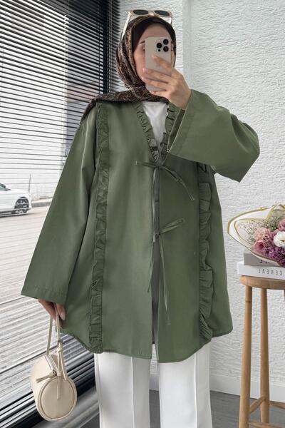 MELEK ARAZ Poplin Kimono with Ruffle Detail on the Front – Green