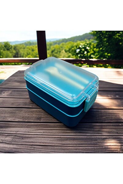 SANALTİCARETİM Rectangular Two-Layer Blue Color 900 ml Lunch Box Lunch Box Lunch Box Set Storage Container