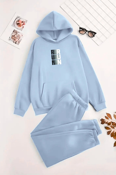 CLAYES Unisex Hooded BabyBlue Σετ αθλητικής φόρμας RUN Printed - Χειμερινό ύφασμα με ανοιχτόχρωμο