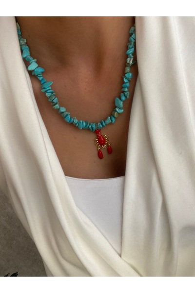 Byoz store قلادة من المرجان الطبيعي المكسور باللون الأحمر الفيروزي على شكل مخ...