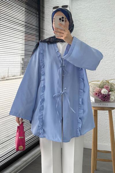 MELEK ARAZ Poplin Kimono with Ruffle Detail on the Front – Blue