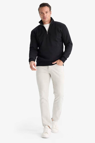DeFacto Stand Collar Half Zipper Inside Soft Furry Basic Black Men's Sweatshirt X7405Az/Bk81