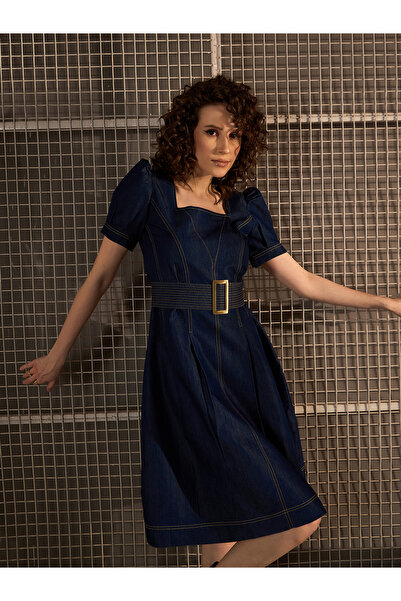 Stylestone By Styli Denim Puff Sleeve Knee Length Dress with Belt