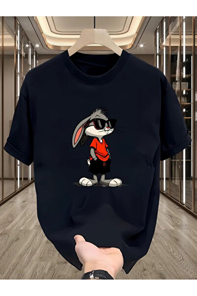 İnazuma Outdoors تيشيرت أسود مطبوع عليه أرنب، مقاس كبير للجنسين، بياقة دائرية...