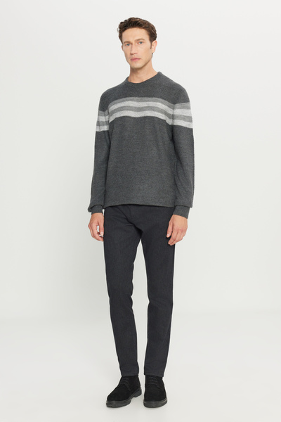 AC&Co / Altınyıldız Classics Men's Anthracite-Melange Standard Fit Regular Cut Crew Neck Jacquard Knitwear Sweater