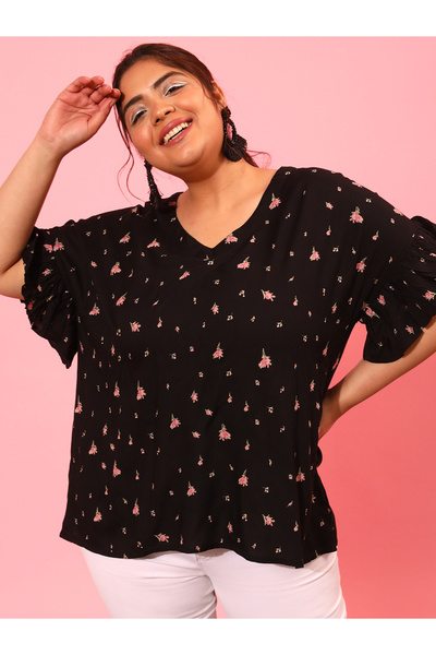CURVY STREET By Styli Plus Black Floral Top with Short Sleeves