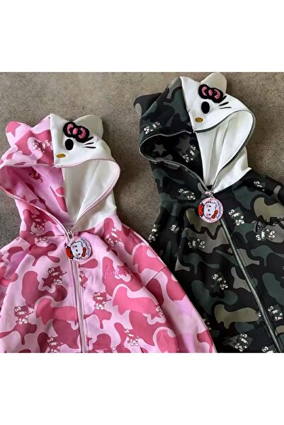BALİNA Pembe Hello Kitty Y2K Unisex Hoodie Fermuarlı Uzun Kollu Hırka -ALH