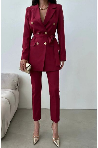 Moda İkra Button Detailed Belted Jacket Trousers Suit