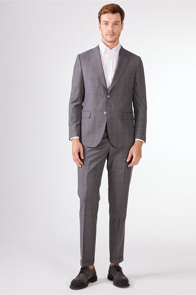 Dufy Gray Herringbone Men's Suit - Slim Fit