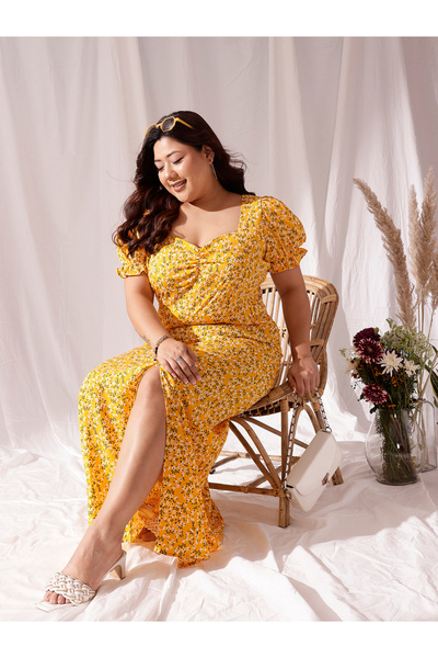 CURVY STREET By Styli Plus Yellow Maxi Dress with Sweetheart Neck