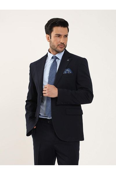 Dufy Navy Blue Men's Slim Fit Plain Mono Collar Suit - 94115