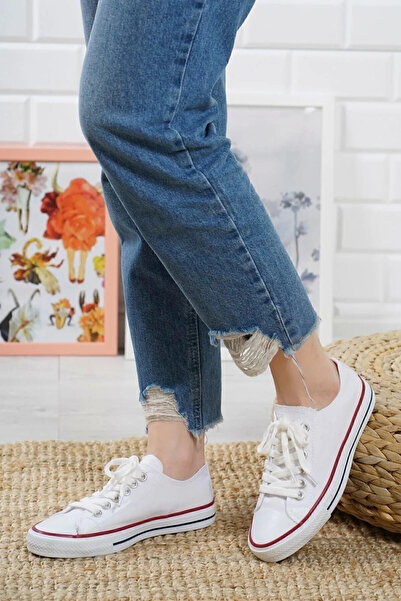 King Crow KN103 Beyaz Kırmızı Cizgili Kısa Keten Sneaker