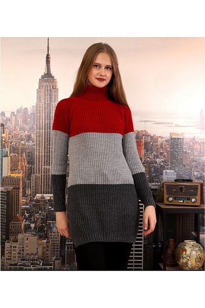 meday Clothing Women's Color Blocked Turtleneck Long Knitwear Tunic Sweater – Red Gray Black