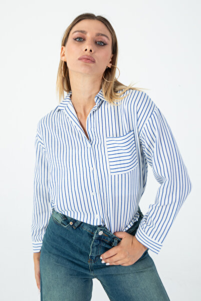Nuevo Γυναικείο Μακρυμάνικο Πουκάμισο σε Λευκό και Ναυτικό Μπλε με Ρίγες – Κο...