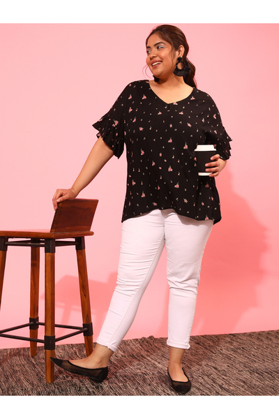 CURVY STREET By Styli Plus Black Floral Top with Short Sleeves