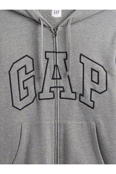 GAP Erkek Gri Relaxed Logo Sherpa Astarlı Fermuarlı Sweatshirt