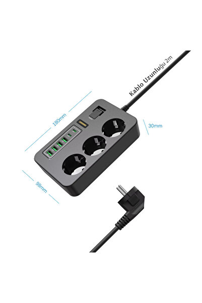 leeways 3'lü Akım Korumalı Grup Priz - Çocuk Korumalı 4USB 2 TYPE-C Portlu