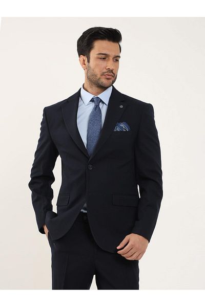 Dufy Navy Blue Men's Slim Fit Plain Mono Collar Suit - 94115