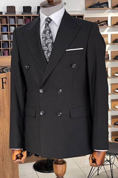 NAZEF Özel Tasarım Dar Kesim Sivri Yaka Kruvaze Siyah Takım Elbise