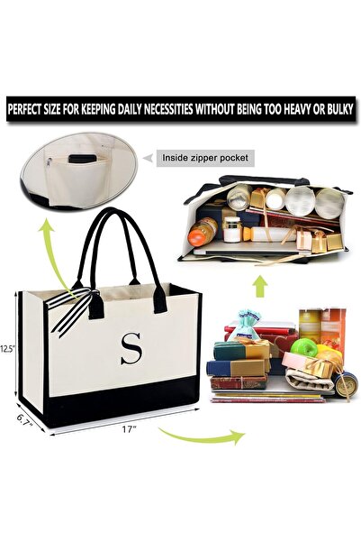 Skycare Initial Canvas Tote Bag, Beach Bag, Grocery Shopping Bag, Monogrammed Gifts Bag for Wedding,