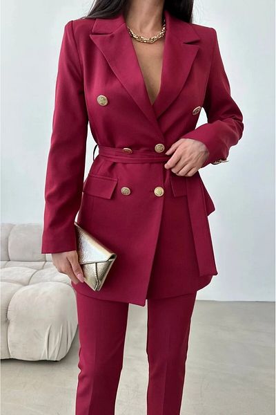 Moda İkra Button Detailed Belted Jacket Trousers Suit