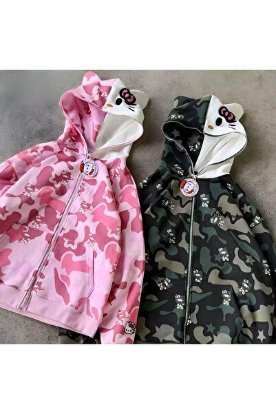 BALİNA Pembe Hello Kitty Y2K Unisex Hoodie Fermuarlı Uzun Kollu Hırka -ALH