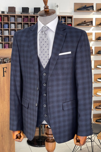 NAZEF Dar Kesim Mono Yaka Lacivert Ekose Yelekli Erkek Takım Elbise