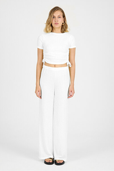 COMBİNE MİCHAİL Bluză cu șnur pentru damă, pantaloni largi, set alb